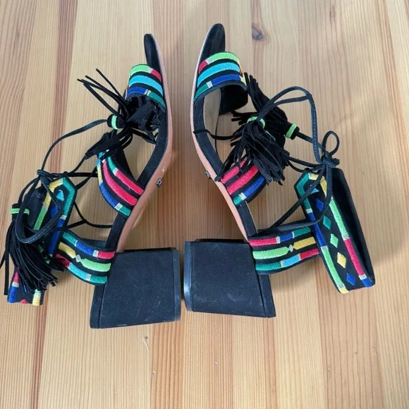 Schutz Heeled Sandals Embroidered with Tassels Boho 8.5 - Picture 5 of 9